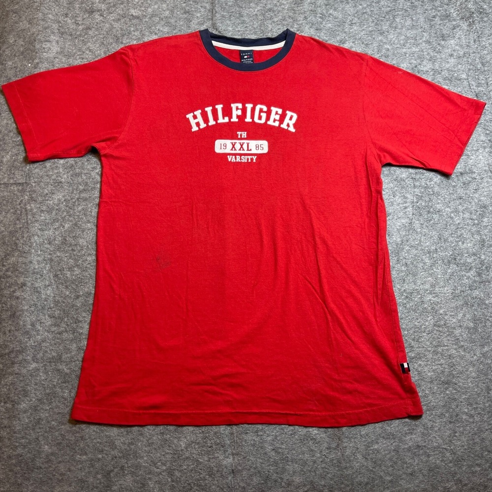 Tommy Hilfiger Shirt Mens Large Red Short Sleeve Crew Neck Logo Tee Varsity Y2K
